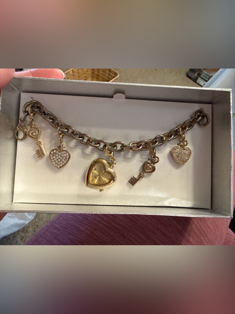 Vintage MZ Berger Cherish Women’s Gold and Heart Rhinestone Bracelet Watch NIB